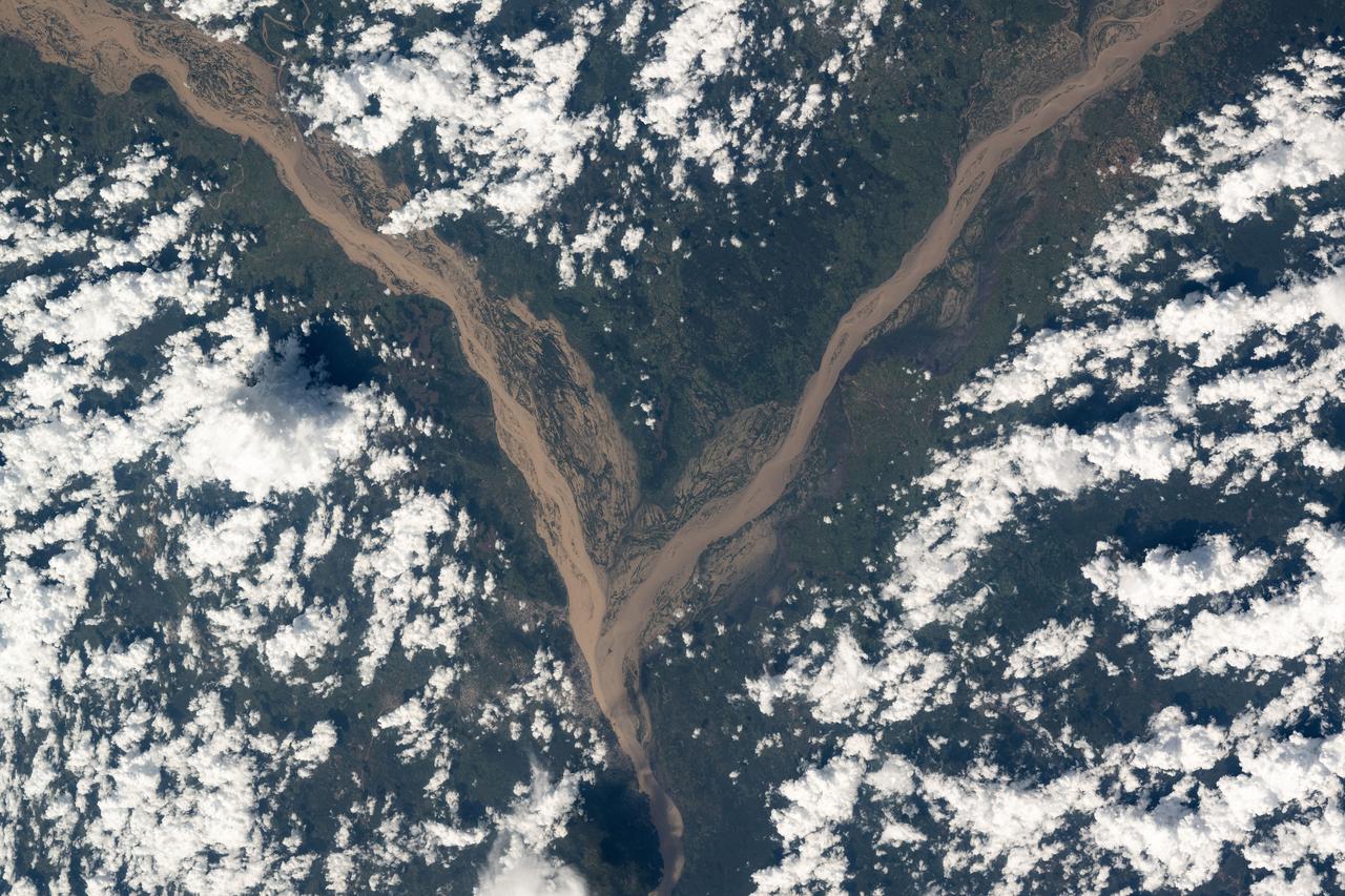 iss072e095268 (Oct. 20, 2024) --- The Niger River splits into its tributary, the Benue River, at the Nigerian city of Lokoja with a population of over 692,00 in this photograph from the International Space Station as it orbited 258 miles above the African nation.