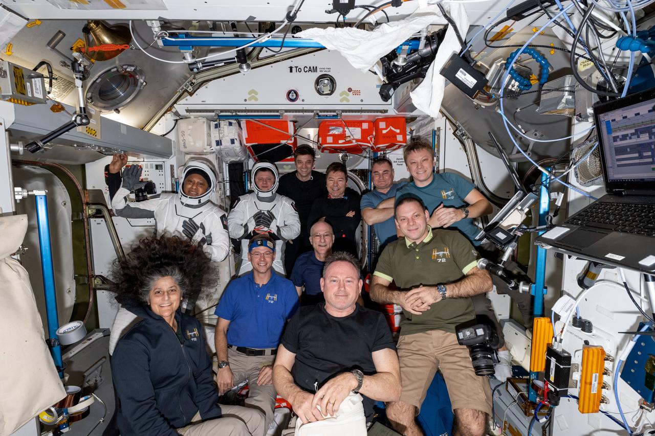 iss072e098007 (Oct. 23, 2024) -- The Expedition 72 crew poses for a group portrait ahead of the departure of NASA's SpaceX Crew-8 mission. From top left is NASA astronaut Jeanette Epps, Roscosmos cosmonaut Alexander Grebenkin, astronauts Matthew Dominick and Mike Barratt, and cosmonauts Alexey Ovchinin and Aleksandr Gorbunov. From bottom left are astronauts Suni Williams, Nick Hague, Don Pettit and Butch Wilmore, and cosmonaut Ivan Vagner.