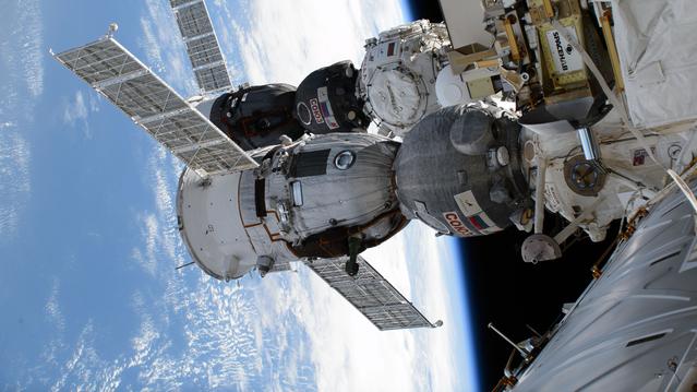 NASA image: Two Soyuz crew ships are pictured docked to the International Space Station