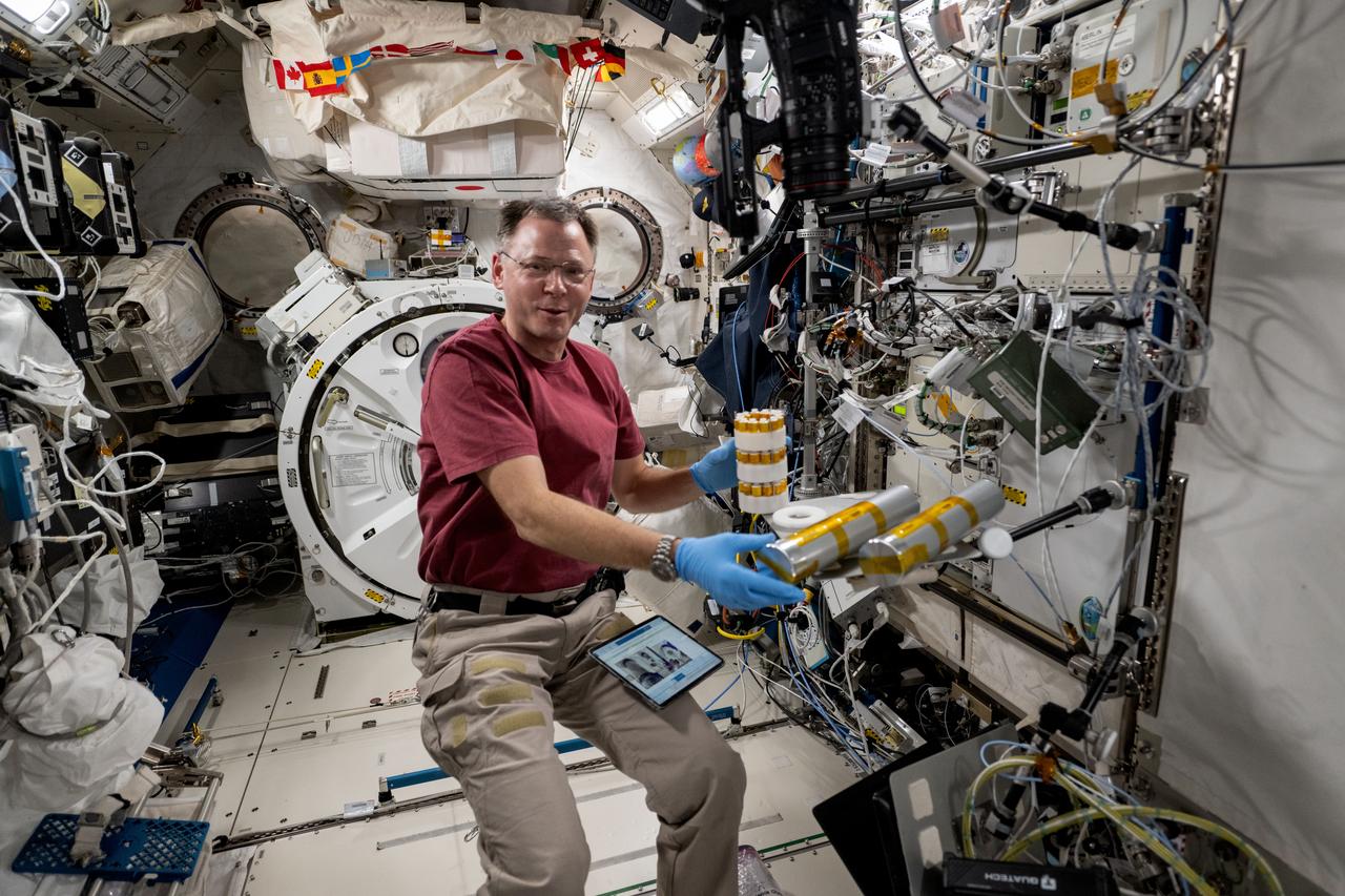iss072e146315 (Nov. 6, 2024) --- NASA astronaut and Expedition 72 Flight Engineer Nick Hague works inside the International Space Station's Kibo laboratory module on space biology research. Hague was exploring the potential of biomanufacturing using microorganisms and cell cultures to create food, medicine, and more in the microgravity environment reducing the need for cargo missions launched from Earth and promoting crew self-sufficiency during long-term missions.