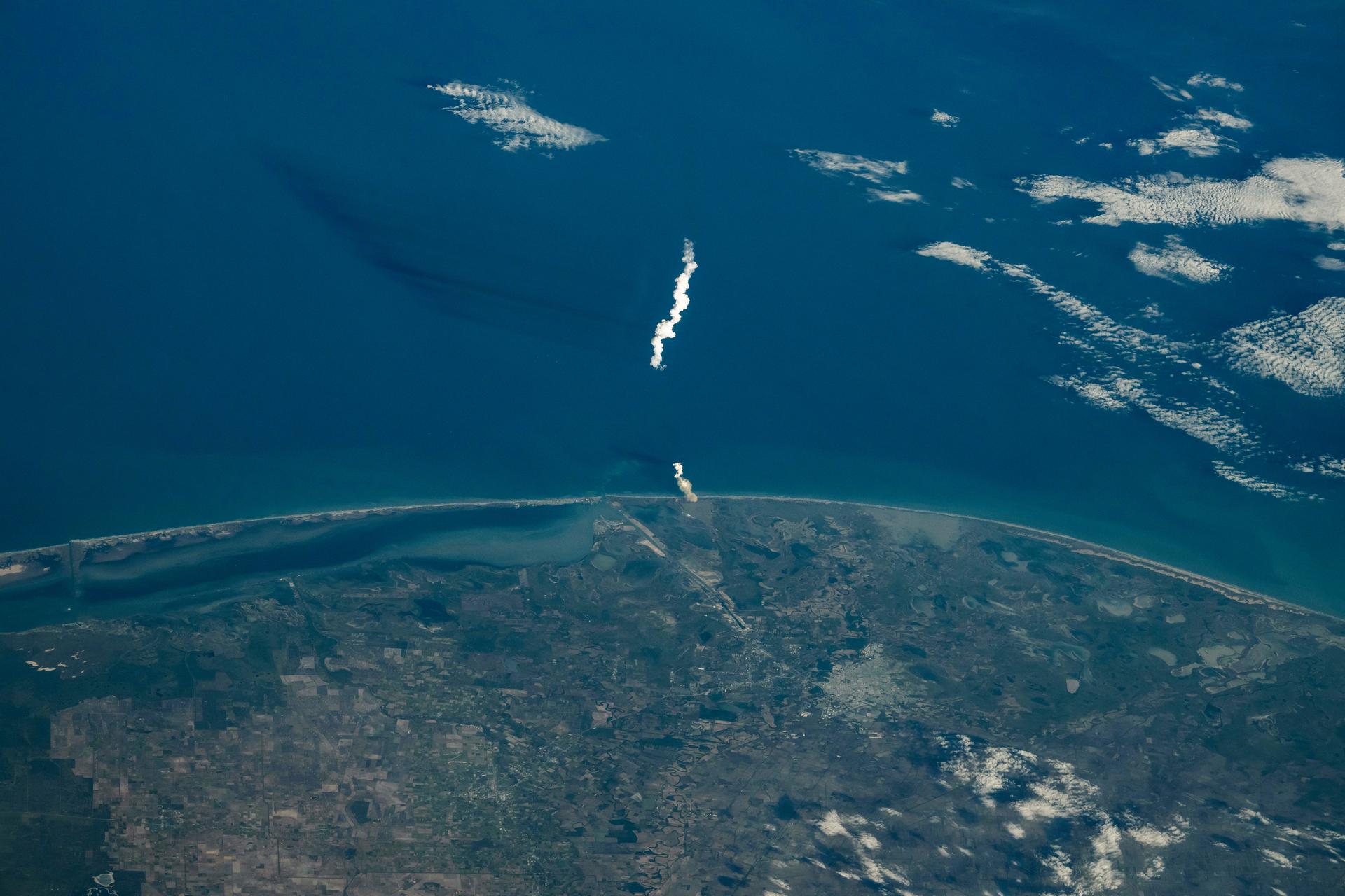 The plume from the SpaceX Starship 6 rocket can be seen after launching on its sixth flight test from the company's Starbase site in Boca Chica, Texas.