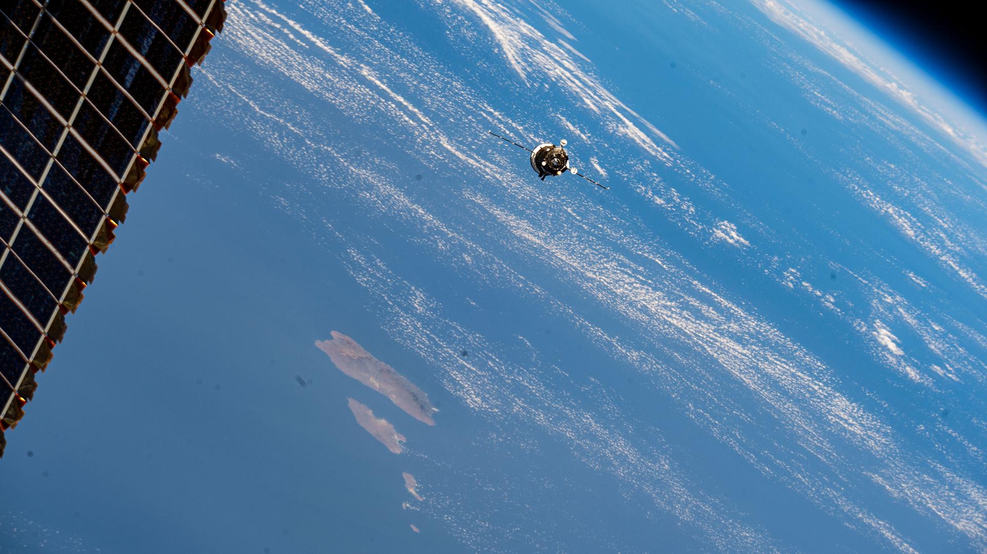 The Progress 90 cargo craft approaches the International Space Station as both spacecraft orbit 260 miles above the Atlantic Ocean south of the island nation of the Republic of Cabo Verde. The Progress 90 was carrying nearly three tons of food, fuel, and supplies to replenish the Expedition 72 crew.