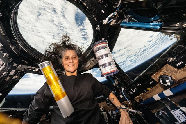 NASA image: Astronaut Suni Williams displays science hardware for a biomanufacturing study