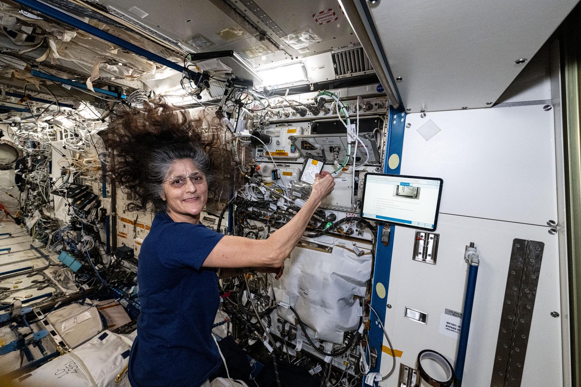 NASA astronaut and Expedition 72 Commander Suni Williams swaps a hard drive inside the Advanced Space Experiment Processor-4 (ADSEP-4). ADESP-4 is a research facility that processes samples for numerous types of experiments supporting biology and physics research aboard the International Space Station, the SpaceX Dragon cargo spacecraft, and the Northrop Grumman Cygnus resupply ship.