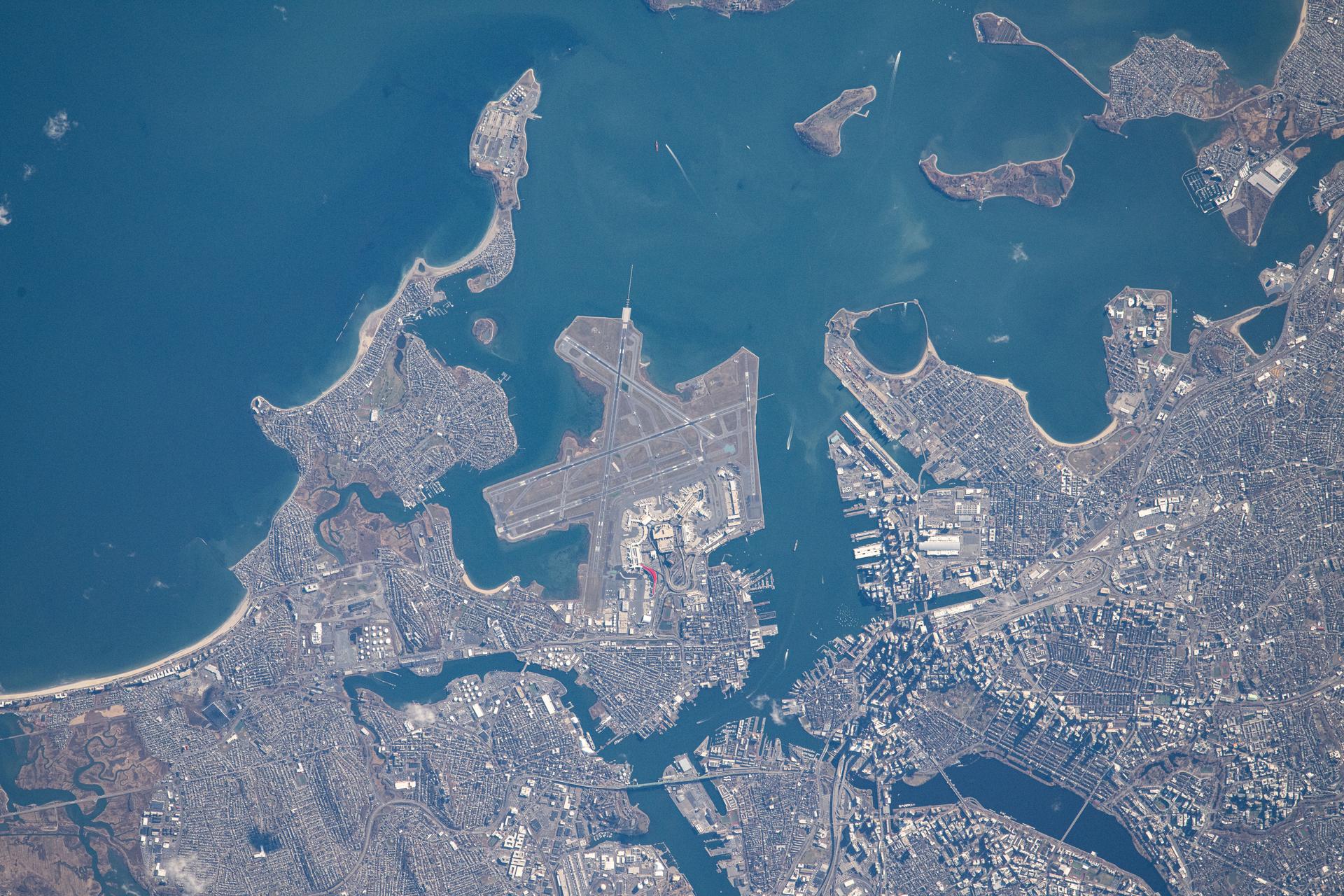 Boston Logan International Airport on Massachusetts Bay is pictured from the International Space Station as it orbited 263 miles above.