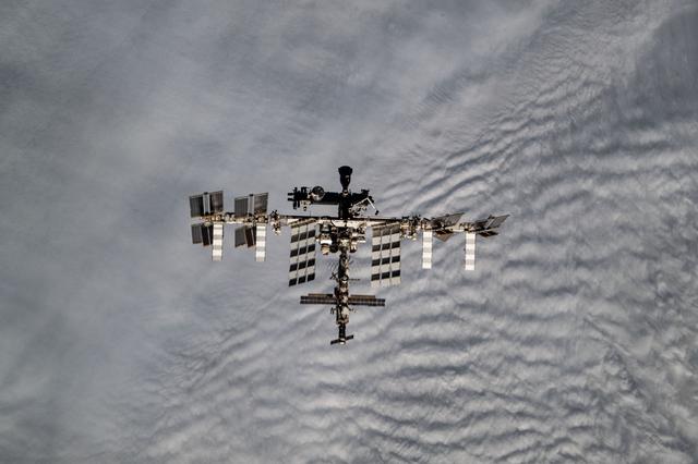 The International Space Station is pictured from the SpaceX Dragon crew spacecraft