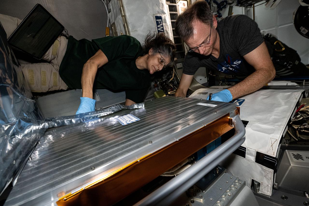 iss072e363226 (Dec. 13, 2024) --- NASA astronauts Suni Williams and Nick Hague, Expedition 72 Commander and Flight Engineer respectively, install the European Materials Ageing experiment hardware inside the Nanoracks Bishop airlock. The external investigation will be robotically removed from Bishop, installed on the Bartolomeo research platform attached to the outside of the Columbus laboratory module, and expose a variety of materials to the vacuum of space for about a year.