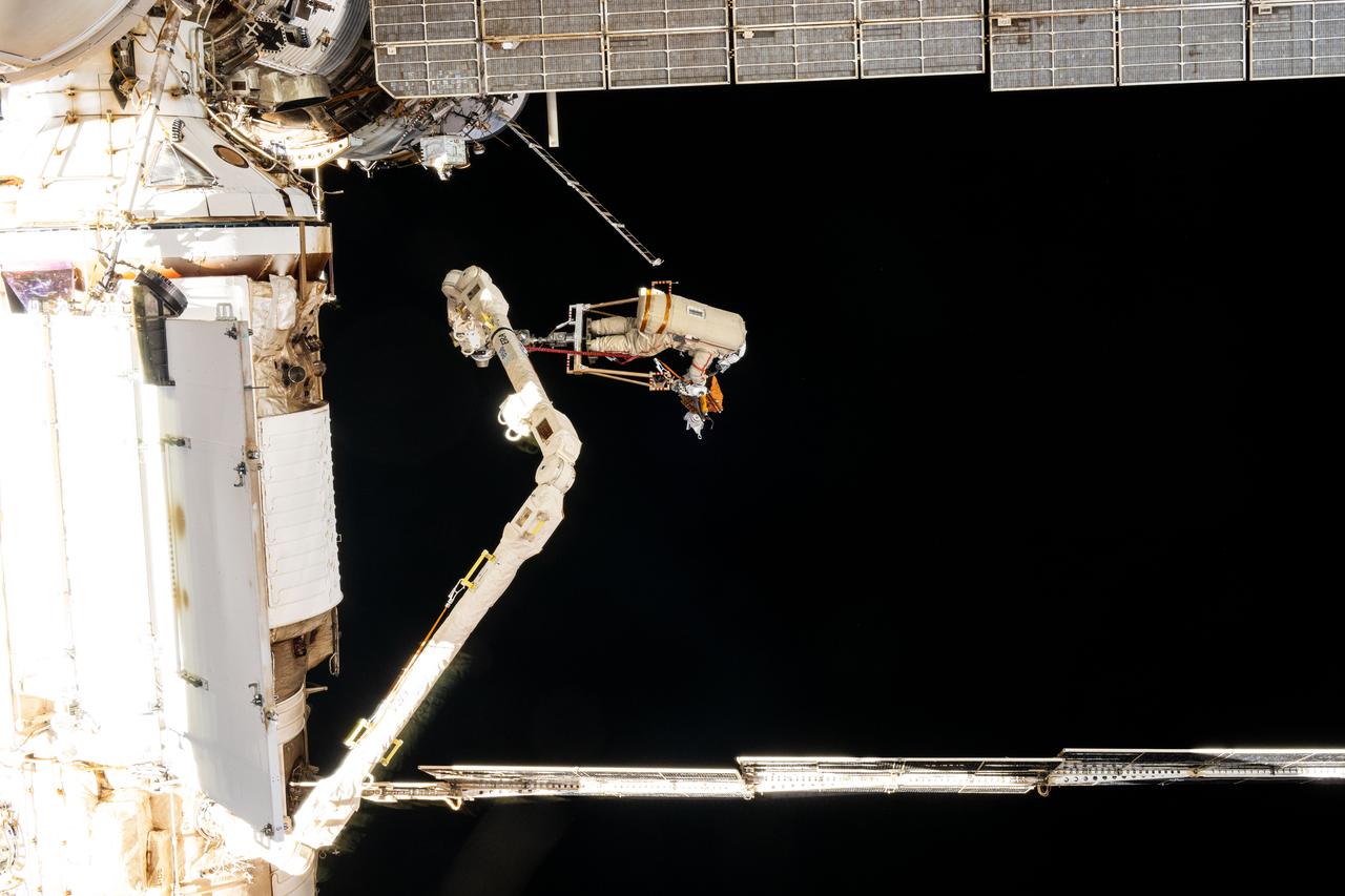 iss072e397475 (Dec. 19, 2024) --- Roscosmos cosmonaut and Expedition 72 Flight Engineer Alexey Ovchinin is maneuvered using the European robotic arm during a seven-hour and 17-minute spacewalk. He and fellow Flight Engineer Ivan Vagner (not pictured) partnered together in the vacuum of space on Dec.19 installing a celestial X-ray experiment and removng other scientific hardware on the exterior of the International Space Station.