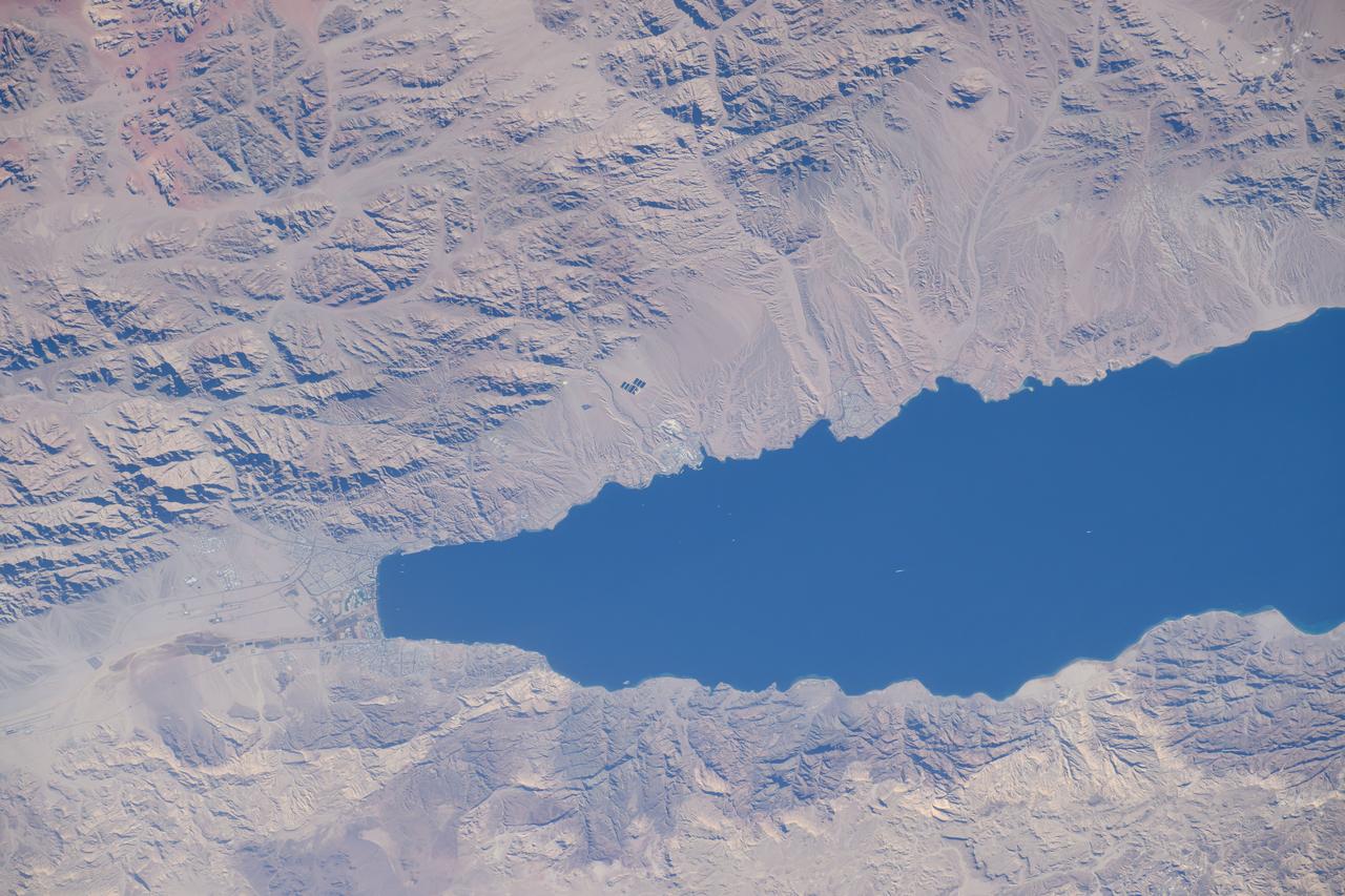 iss072e404443 (Dec. 26, 2024) --- The northern tip of the Gulf of Aqaba is surrounded by the borders of four Middle East nations, including Egypt, Israel, Jordan, and Saudi Arabia, in this photograph from the International Space Station as it orbited 261 miles above.