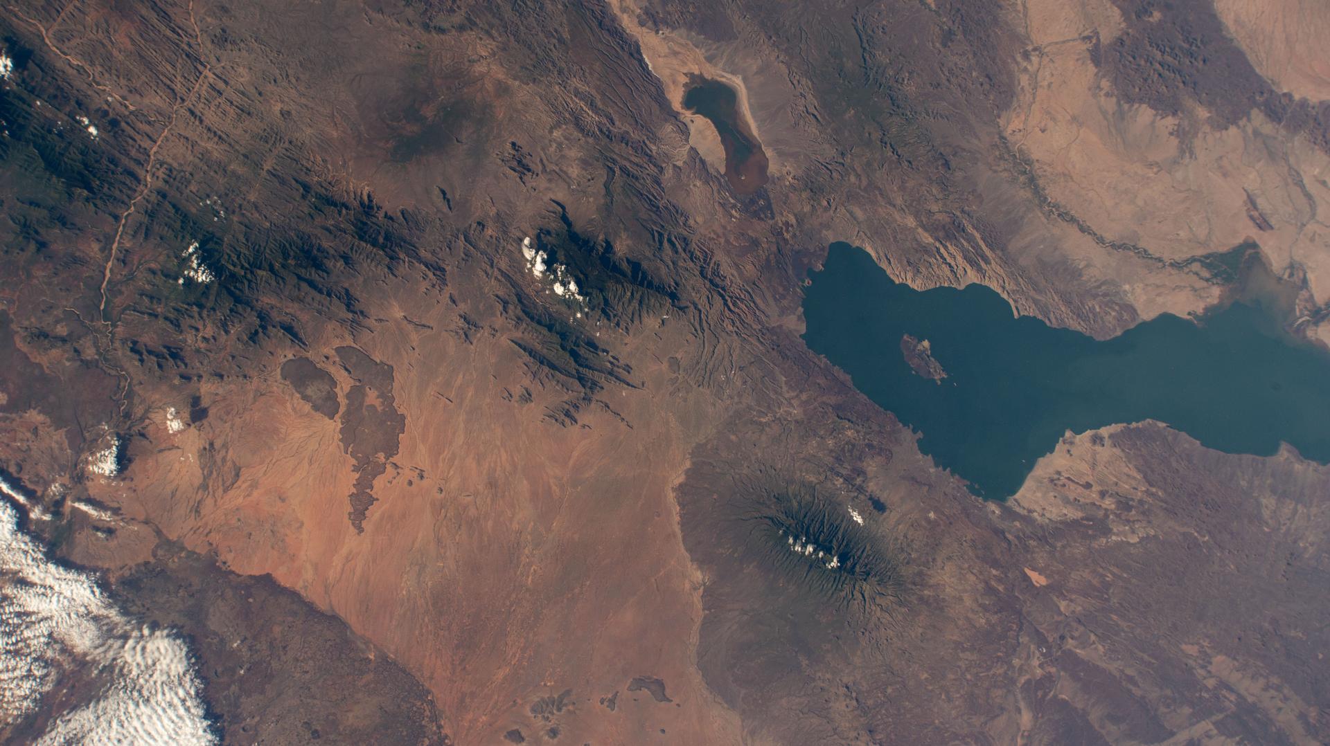 Lake Turkana and Mount Kulal Biosphere Reserve in Kenya are pictured from the International Space Station as it orbited 260 miles above the African nation.