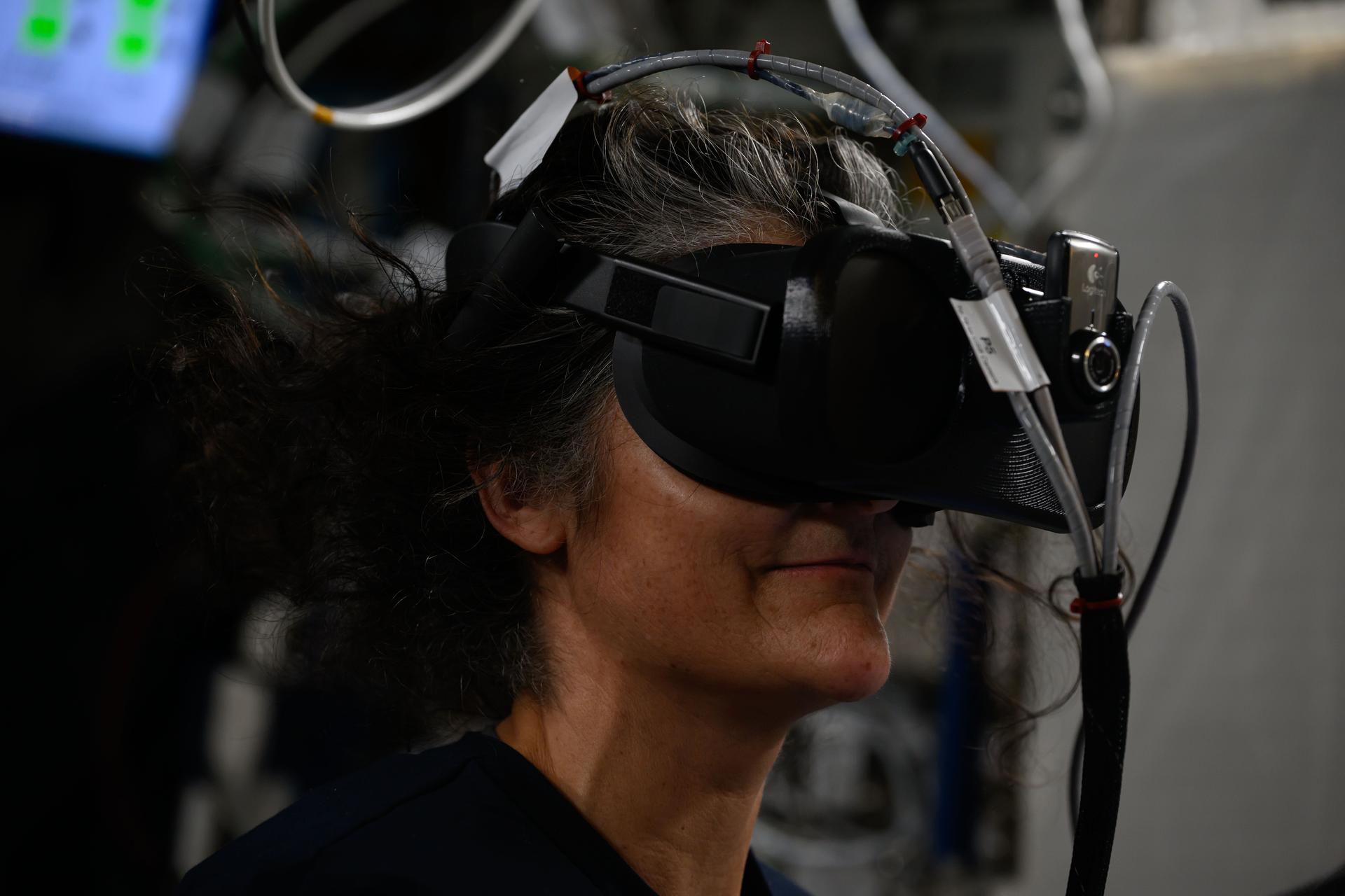 NASA astronaut and Expedition 72 Commander Suni Williams wears a virtual reality headset and practices emergency maneuvers a spacewalker would use in the unlikely event they became untethered from the International Space Station. During spacewalks astronauts wear U.S. spacesuits with a jetpack installed called a SAFER, or Simplified Aid for EVA (Extra Vehicular Activity) Rescue, that contains a controller and thrusters used to guide a crew member back to the safety of the orbital outpost.