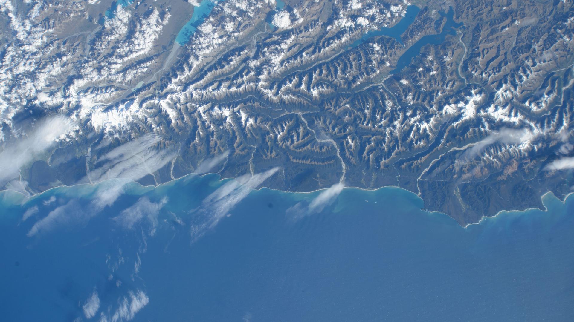The Tasman Sea coast on New Zealand's South Island, with Mount Aspiring National Park in the Southern Alps, is pictured from the International Space Station as it orbited 267 miles above.
