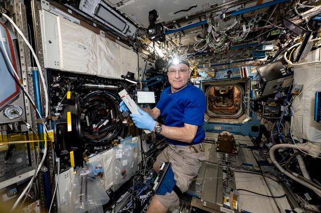 NASA image: Astronaut Don Pettit swaps samples of materials to observe how they burn in weightlessness