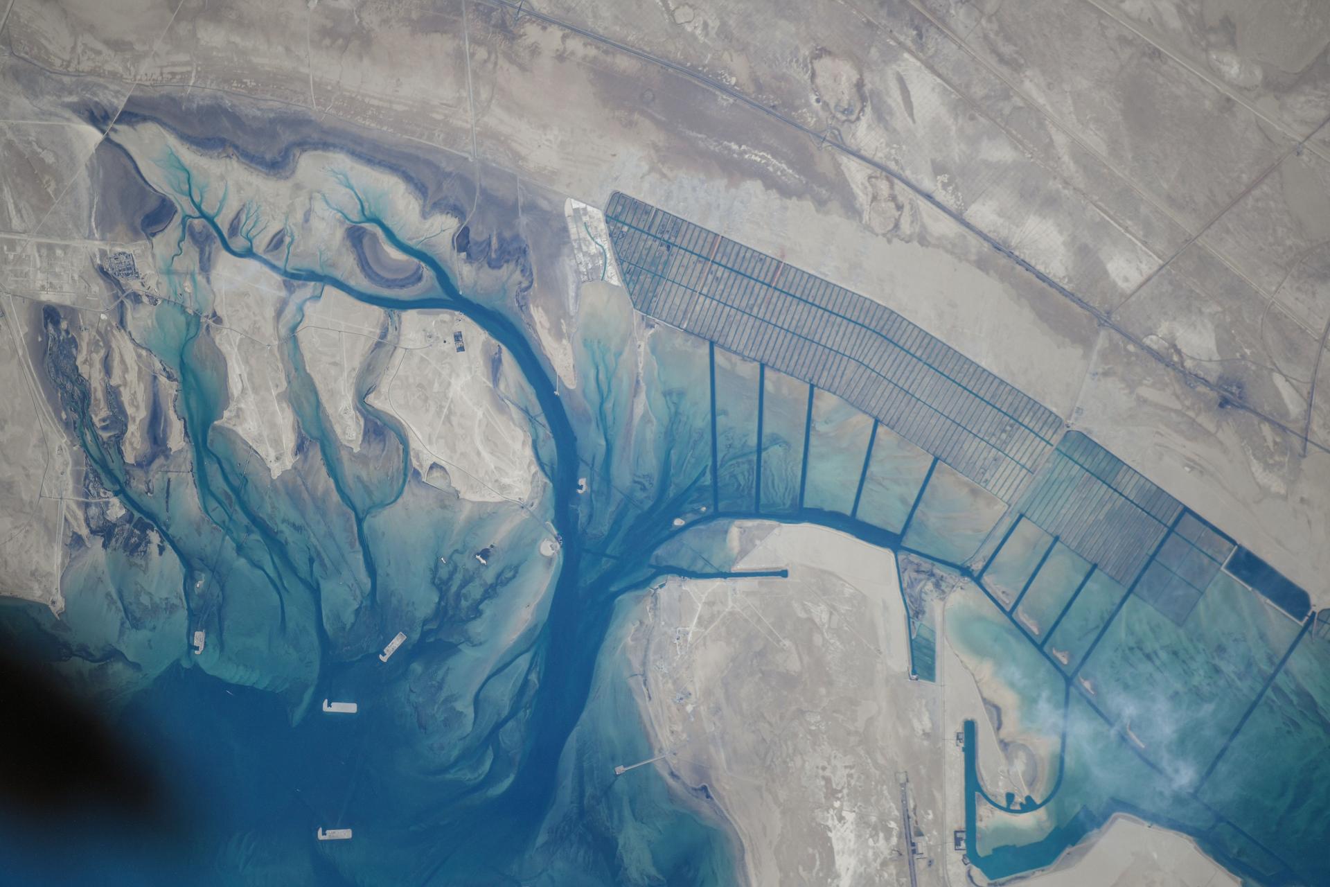 A series of islands on the Persian Gulf coast of the United Arab Emirates near its capital of Abu Dhabi are pictured from the International Space Station as it orbited 259 miles above.