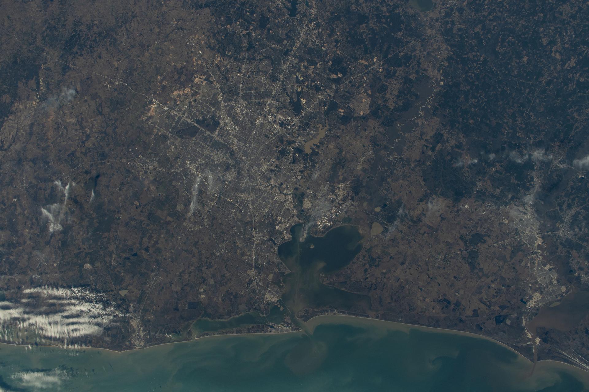 The Houston-Galveston area with Trinity Bay, Galveston Bay, and Lake Livingston in Texas is pictured from the International Space Station as it orbited 259 miles above central Louisiana.
