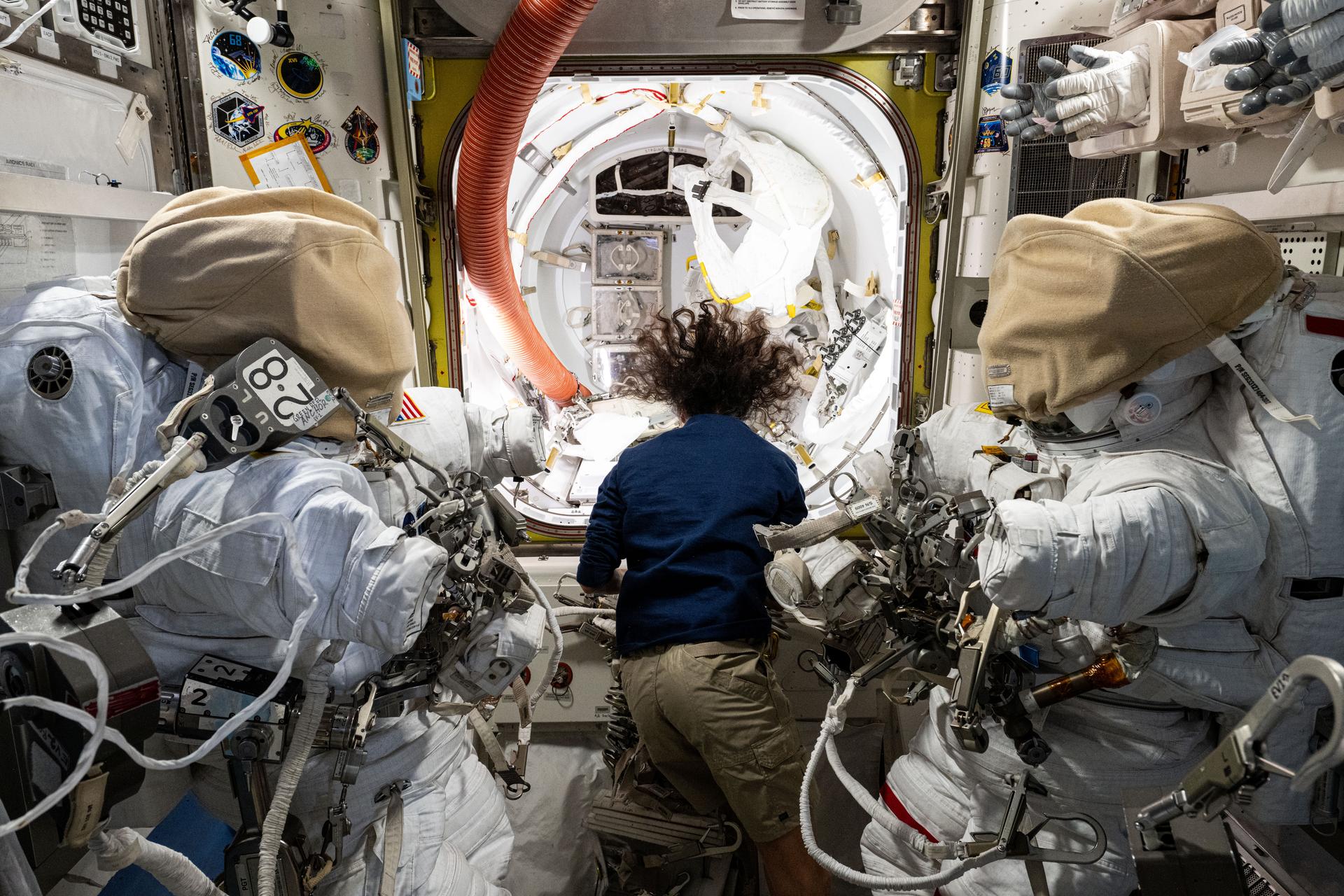 NASA astronaut and Expedition 72 Commander Suni Williams works in the Quest airlock readying a pair of spacesuits that she and NASA astronaut Nick Hague will wear durimg a spacewalk to remove radio communications hardware and search for microbes outside the International Space Station.