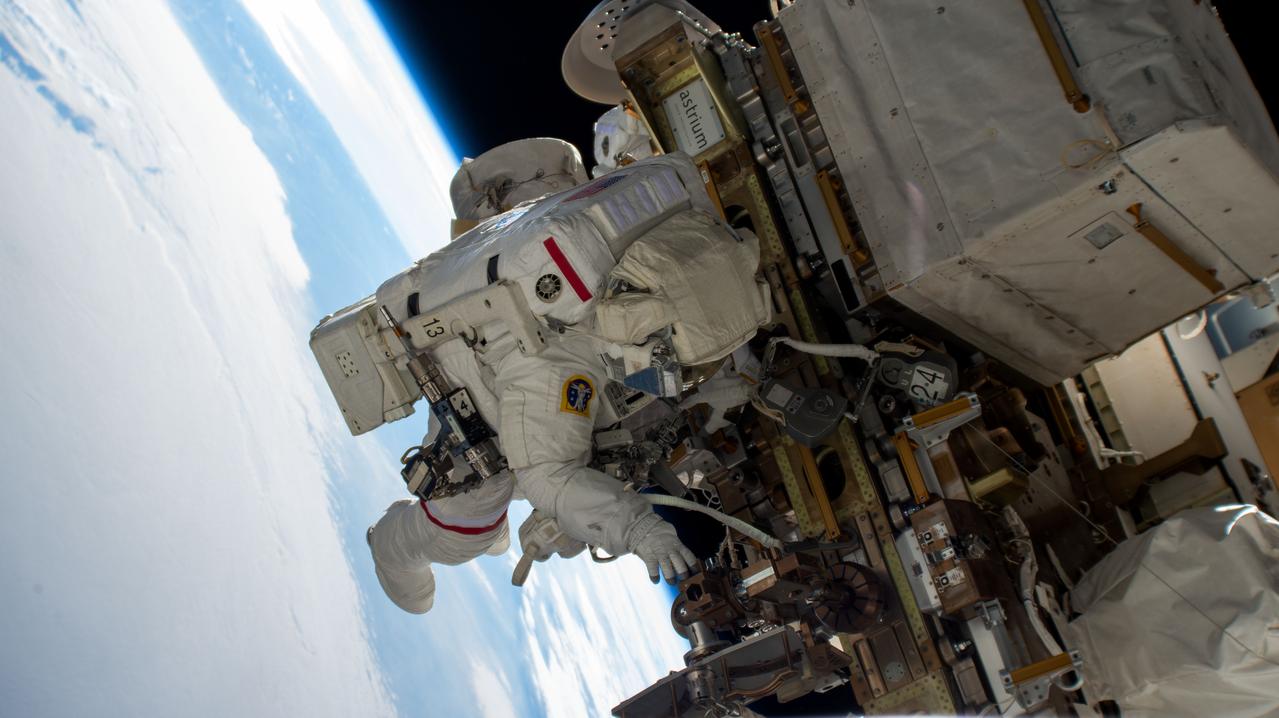 iss072e574856 (Jan. 30, 2025) --- NASA astronaut and Expedition 72 Commander Suni Williams works outside the International Space Station during a five-hour and 26-minute spacewalk to remove and stow a radio frequency group antenna assembly. The orbital outpost was soaring 260 miles above Kazakhstan at the time of this photograph.