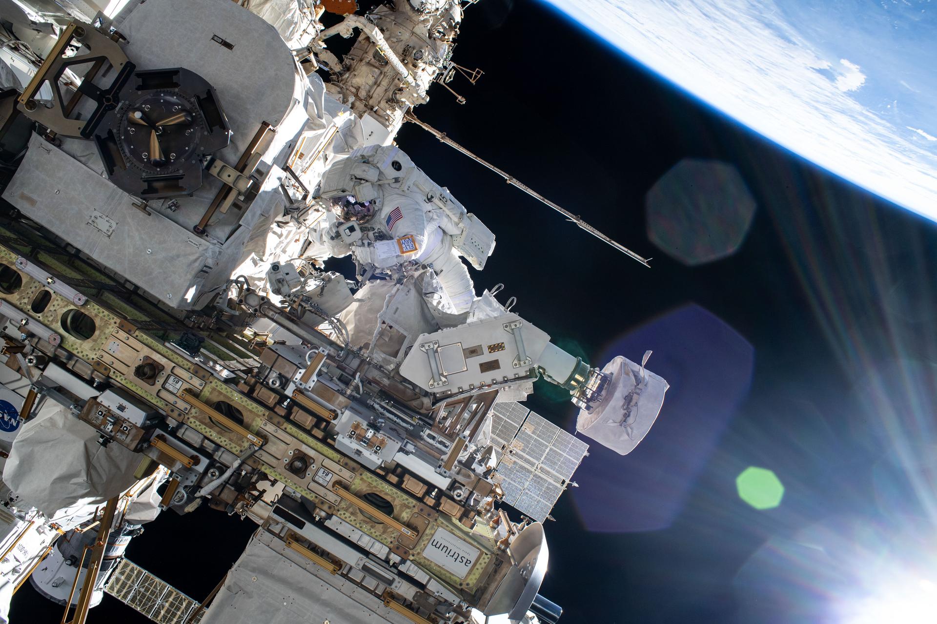NASA astronaut and Expedition 72 Flight Engineer Butch Wilmore works outside the International Space Station during a five-hour and 26-minute spacewalk. Wilmore swabbed external surfaces searching for microorganisms that may survive and reproduce near vents on the exterior of the orbital outpost. The space station was orbiting 260 miles above Eastern Europe at the time of this photograph.