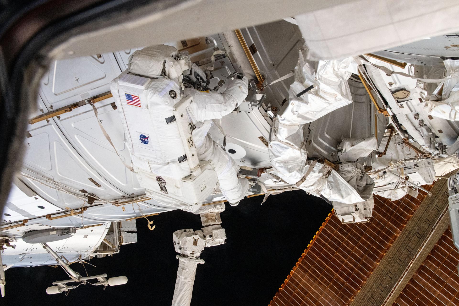 NASA astronaut and Expedition 72 Flight Engineer Butch Wilmore works outside the International Space Station during a five-hour and 26-minute spacewalk. Wilmore swabbed external surfaces searching for microorganisms that may survive and reproduce near vents on the exterior of the orbital outpost.