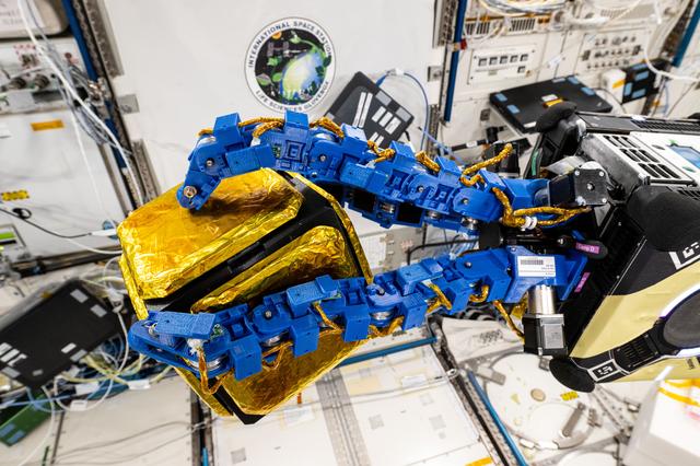 NASA image: An Astrobee robotic free-flyer with blue tentacle-like arms