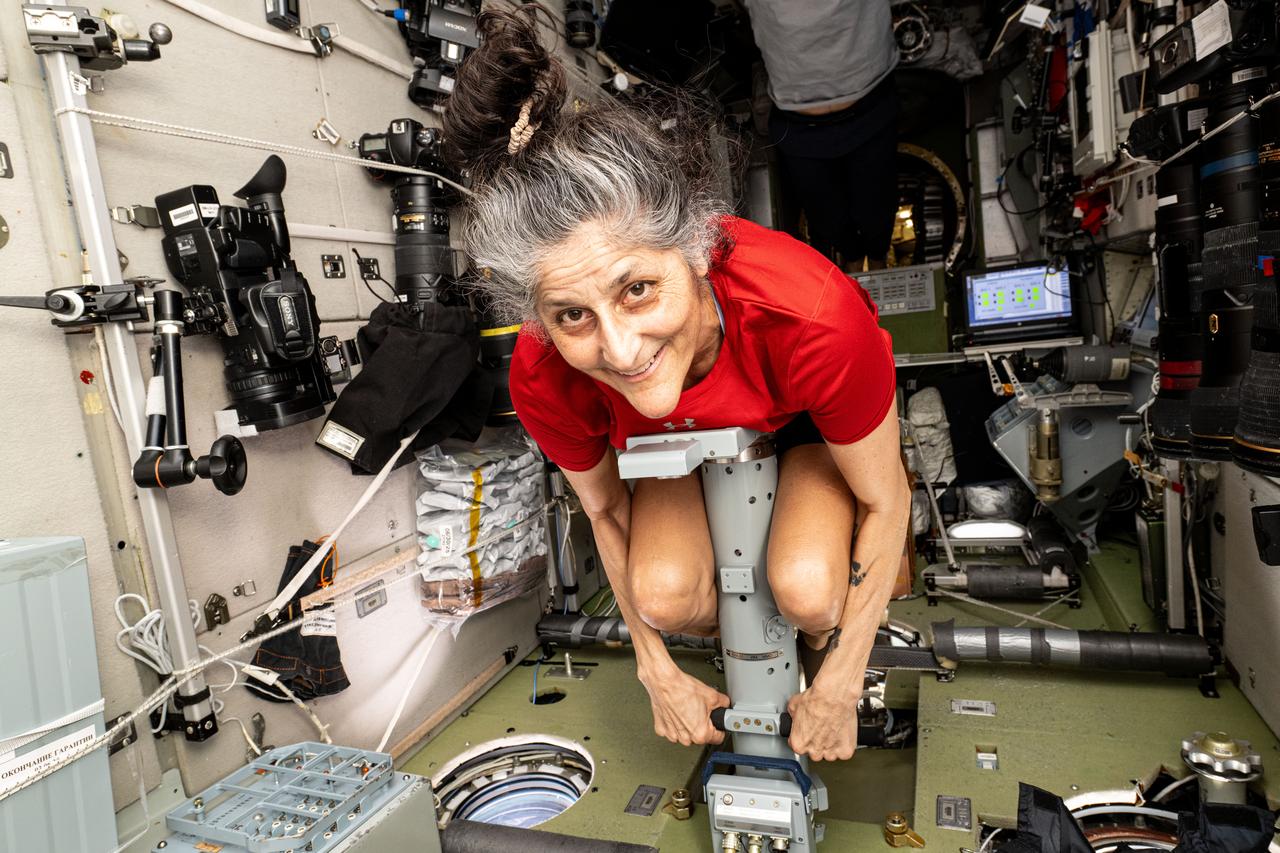 iss072e616384 (Feb. 11, 2025) --- NASA astronaut and Expedition 72 Commander Suni Williams measures her mass using a specialized device inside the International Space Station's Zvezda service module. The mass measurement device applies a known force to an attached astronaut and measures the resulting acceleration to acquire the crew member's mass. The result is based on a form of Newton's Second Law of Motion.
