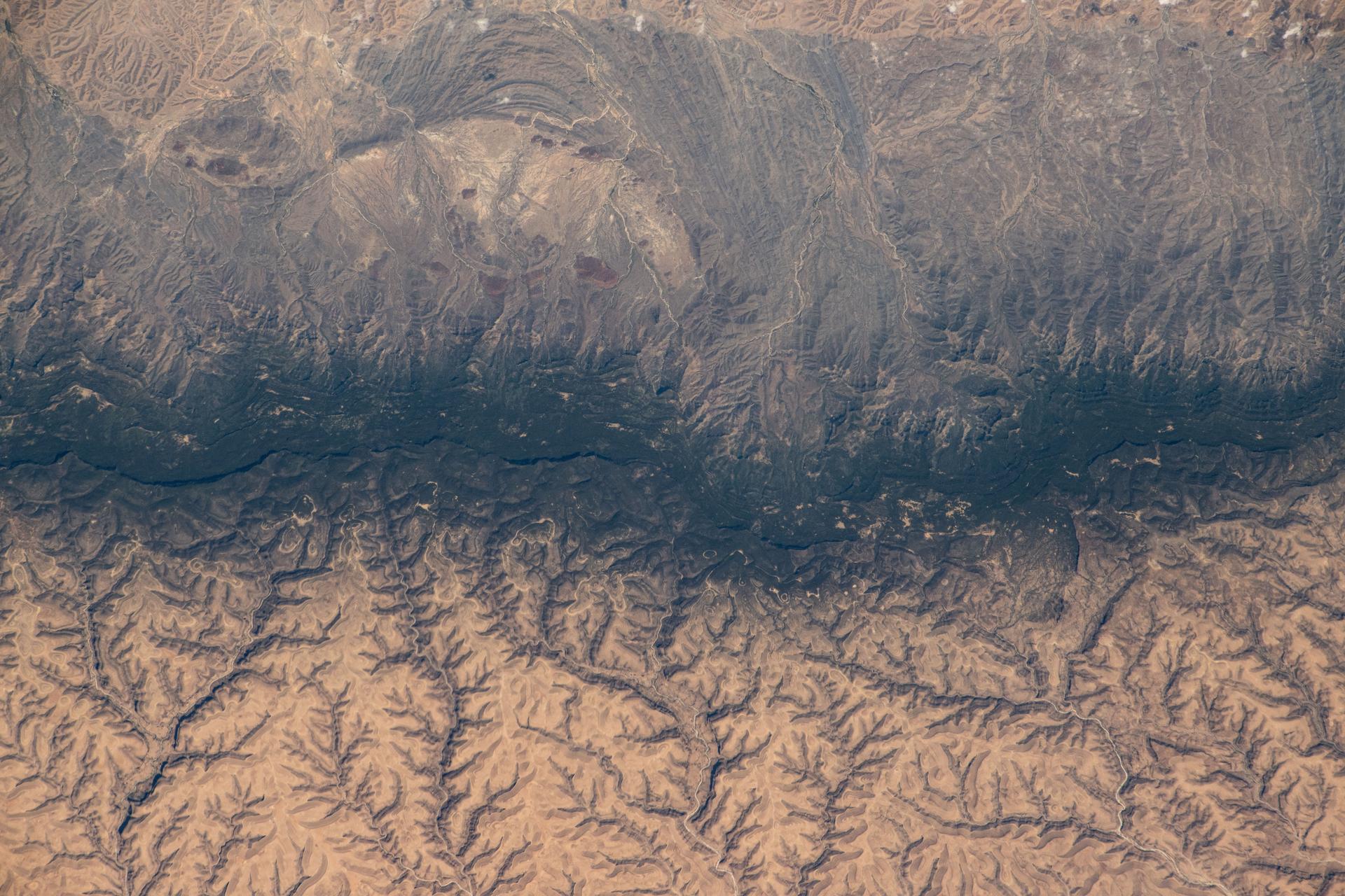 A portion of the Ogo Highlands in northeast Somalia's hot desert region near the Gulf of Aden is pictured from the International Space Station as it orbited 262 miles above.