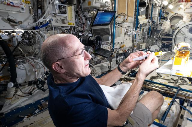 NASA image: Astronaut Don Pettit injects yellow ink into a ball of water