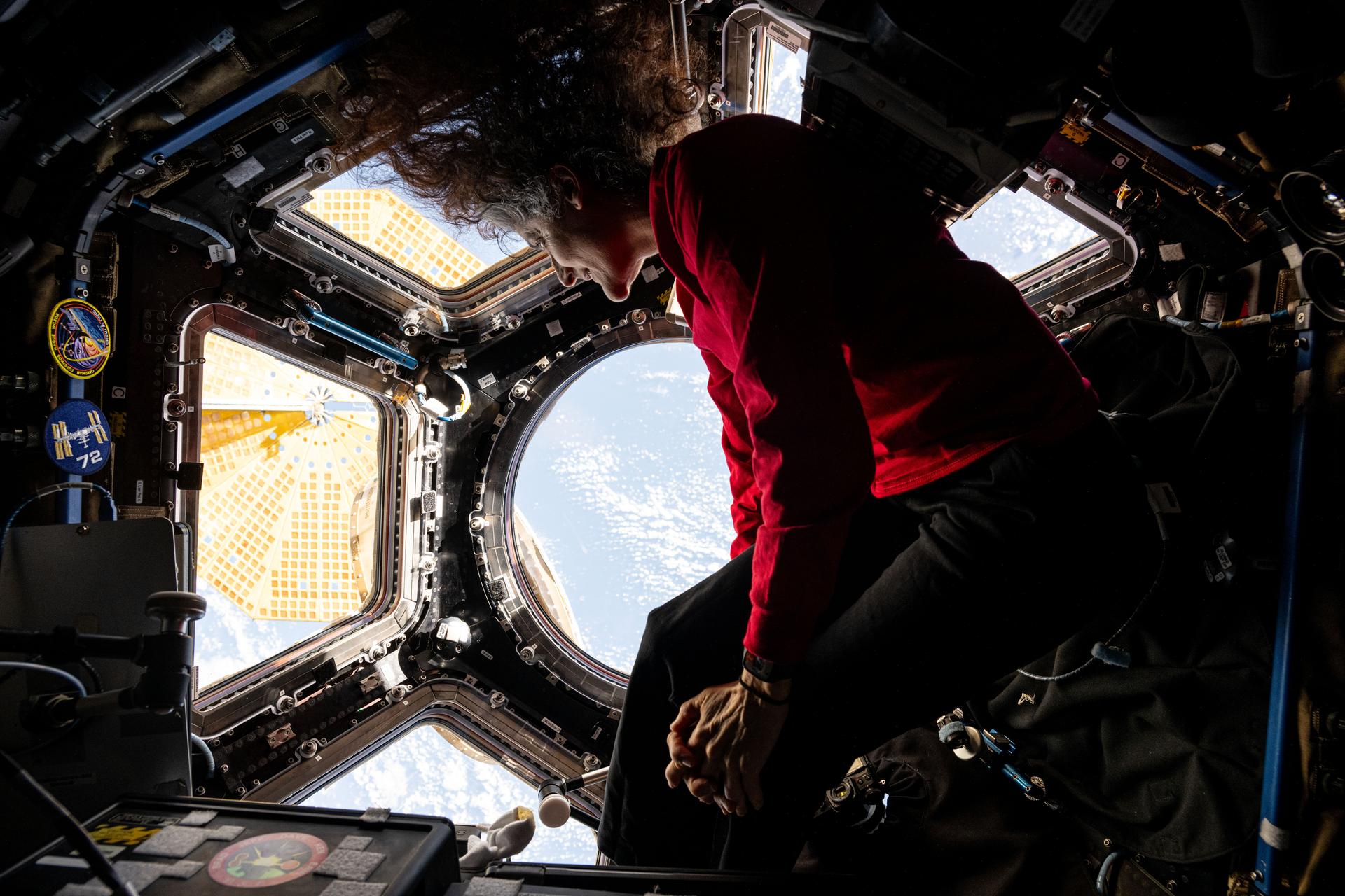NASA astronaut and Expedition 72 Flight Engineer Suni Williams peers at the Earth below from inside the International Space Station's cupola. The orbital outpost was soaring 260 miles above the Indian Ocean at the time of this photograph.