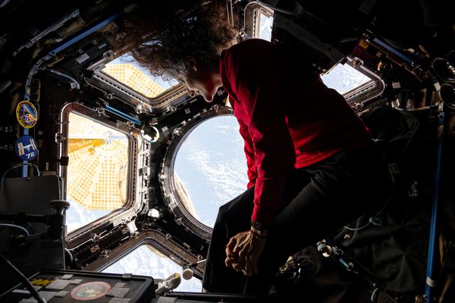 NASA astronaut Suni Williams peers at the Earth below