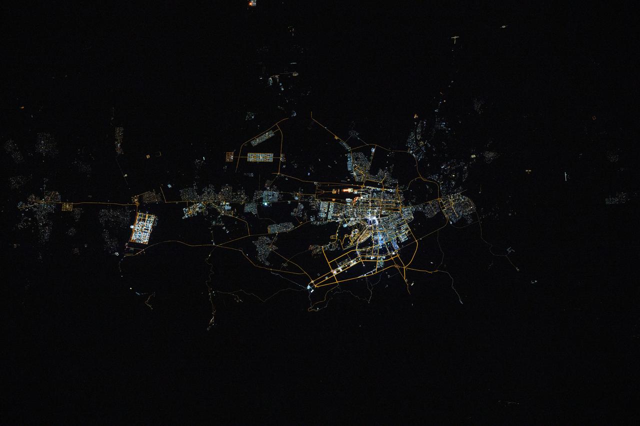 iss072e793133 (March 17, 2025) --- Ashgabat, the capital city of Turkmenistan with a population of about 1 million, is pictured at approximately 1:16 a.m. local time from the International Space Station as it orbited 261 miles above.