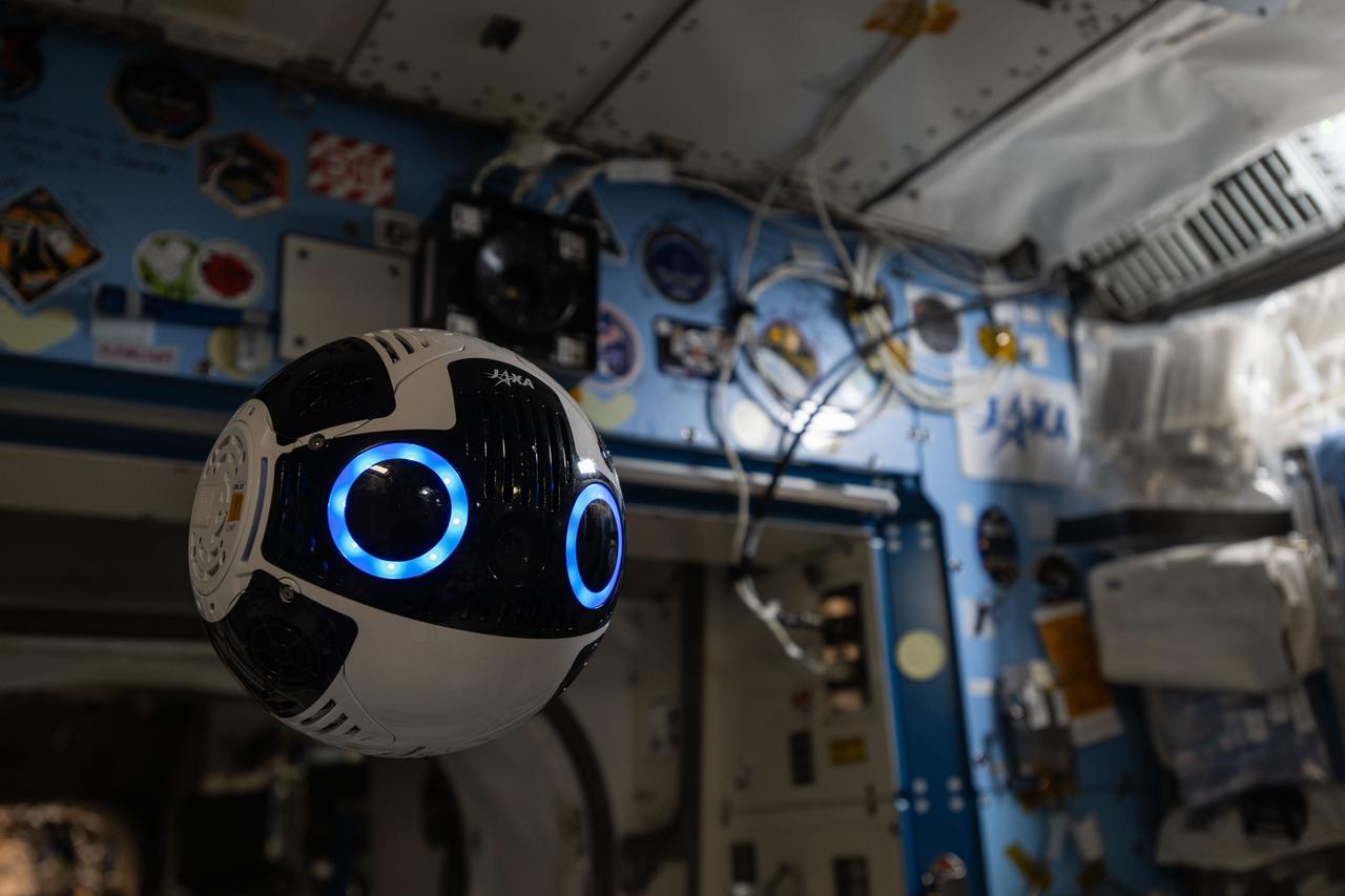 iss072e859330 (March 26, 2025) --- The Japanese Experiment Module Internal Ball Camera 2 tests the automation of capturing photographs and videos of crew activities aboard the International Space Station's Kibo laboratory module The spherical, free-flying robotic camera may enable more crew time for important duties such as microgravity research. Credit: JAXA/Takuya Onishi