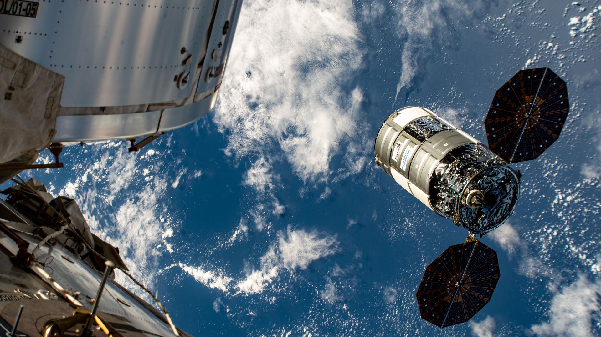 Northrop Grumman's Cygnus space freighter begins its departure from the International Space Station after being released from the Canadarm2 robotic arm completing a seven-and-a-half-month cargo mission attached to the Unity module.