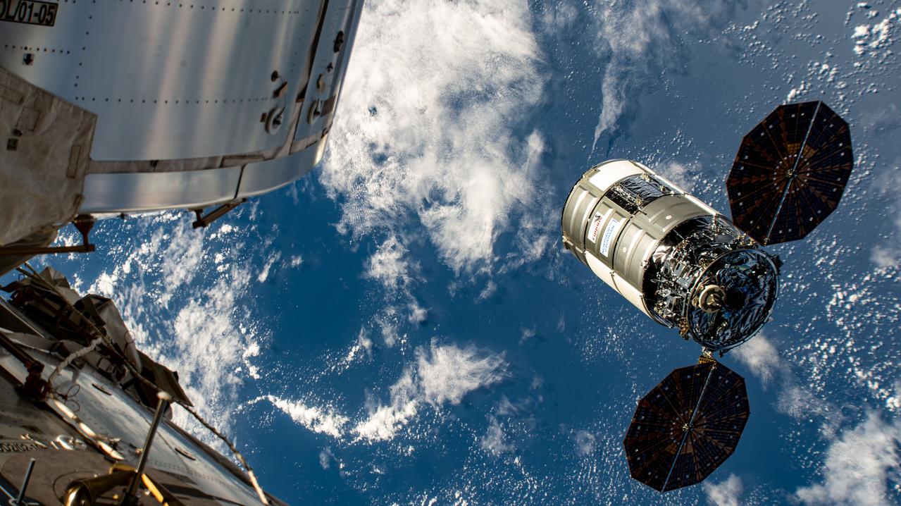 iss072e861975 (March 28, 2025) --- Northrop Grumman's Cygnus space freighter begins its departure from the International Space Station after being released from the Canadarm2 robotic arm completing a seven-and-a-half-month cargo mission attached to the Unity module.