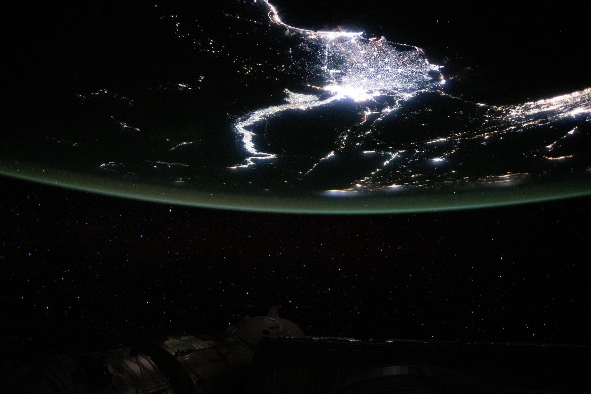 Egypt's Nile Delta region, home to about 39 million people and where the Nile, Africa's longest river, drains into the Mediterranean Sea, is pictured from the International Space Station at 11:01 p.m. local time as it orbited 261 miles above.