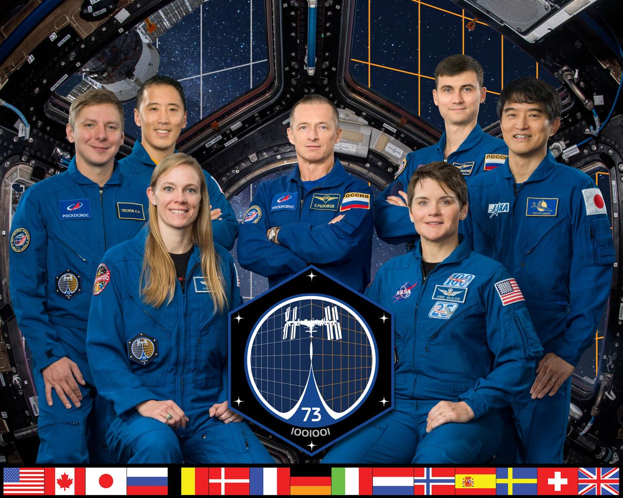 iss073-s-002 (Oct. 16, 2024) --- The official portrait of the International Space Station's seven-member Expedition 73 crew from three different space agencies. Seated in the front row from left, are NASA astronauts Nichole Ayers and Anne McClain. In the back row from left are, Roscosmos cosmonaut Kirill Peskov; NASA astronaut Jonny Kim; Roscosmos cosmonauts Sergey Ryzhikov and Alexey Zubritsky; and JAXA (Japan Aerospace Exploration Agency) astronaut Takuya Onishi. Credit: NASA/Josh Valcarcel