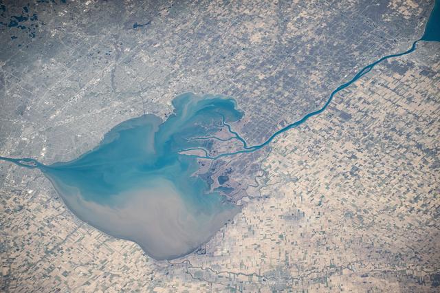 NASA image: The freshwater Lake St. Clair rests in between Detroit, Michigan, and Ontario, Canada