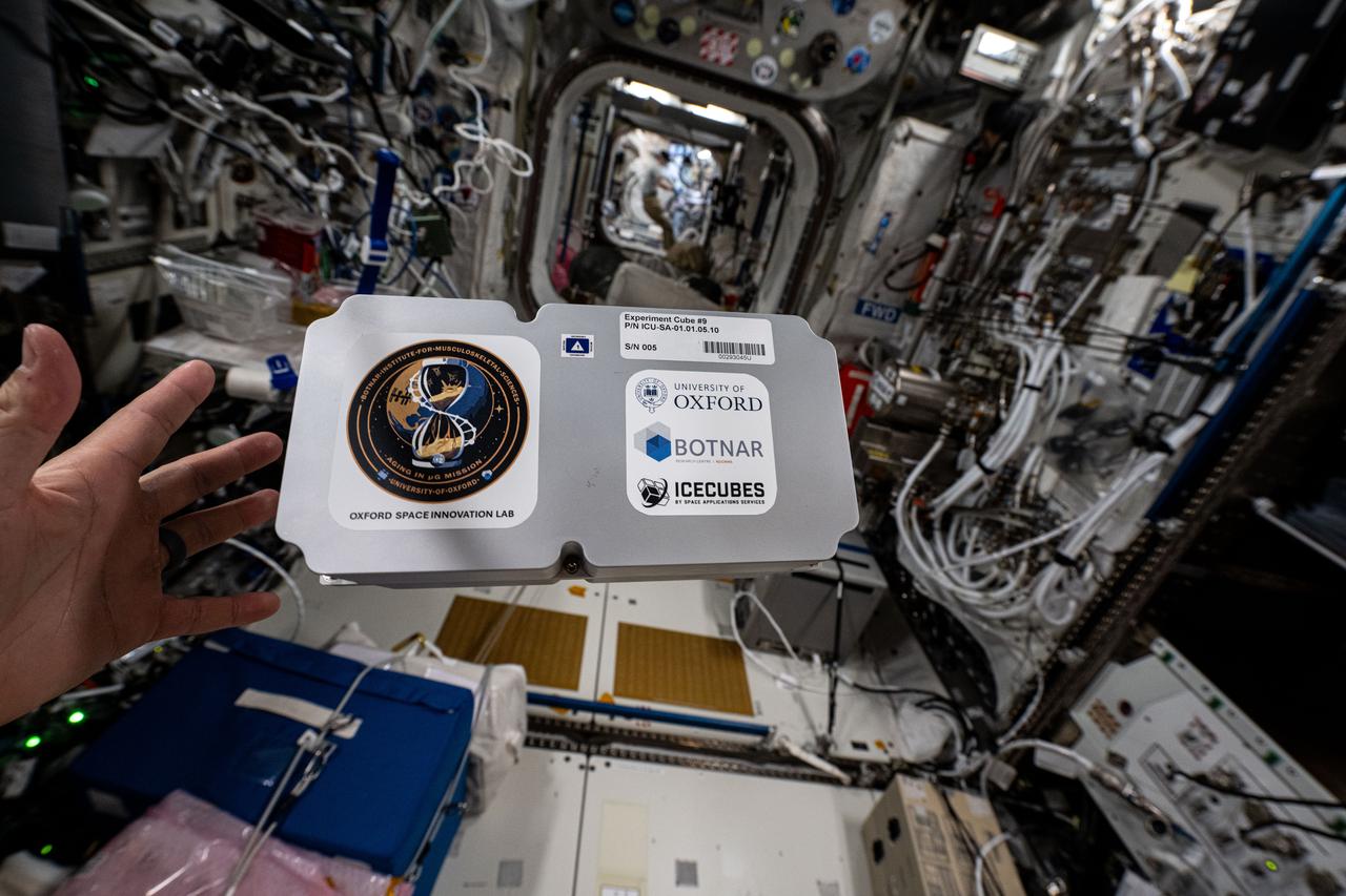iss073e0001010 (4/23/2025) --- The ICE Cubes Experiment Cube #9 that hosts the Aging in Microgravity investigation. Aging in Microgravity aims to bridge the gap between aging research and space exploration by investigating common pathways between aging and spaceflight exposure.