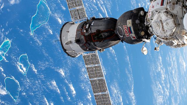 NASA image: The Soyuz MS-27 spacecraft is pictured docked to the Prichal module