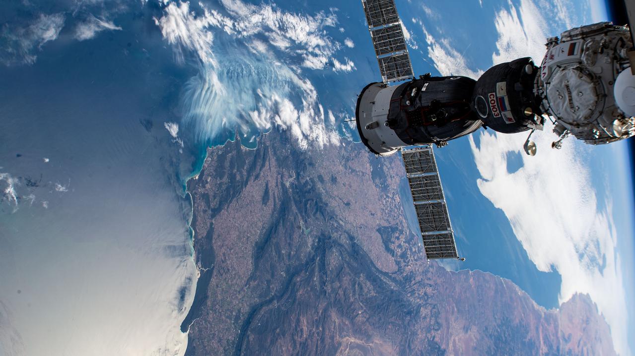 iss073e0002707 (April 27, 2025) --- The Soyuz MS-27 spacecraft is pictured docked to the Prichal module as the International Space Station orbited 269 miles above the Indian Ocean off the coast of South Africa. The Soyuz launched NASA astronaut Jonny Kim and Roscosmos cosmonauts Sergey Ryzhikov and Alexey Zubritsky to the orbital outpost on April 8.