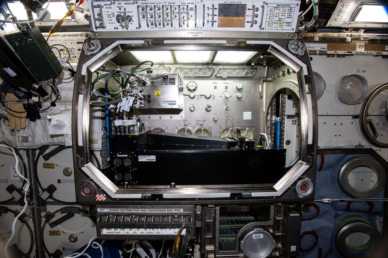 iss073e0002997 (4/28/2025) --- A view of the Colloidal Solids investigation inside the Microgravity Sciences Glovebox (MSG). Colloidal Solids (COLIS) provides researchers with a better understanding of the origin, formation, and dynamics of protein crystals and colloidal glasses and gels. COLIS is a state-of-the-art multi-line light scattering apparatus that enables the research team to monitor the dynamics of physical processes, during and after solidification, of soft matter solids on the International Space Station (ISS) to assess the role played by gravity on the properties of growing structures.