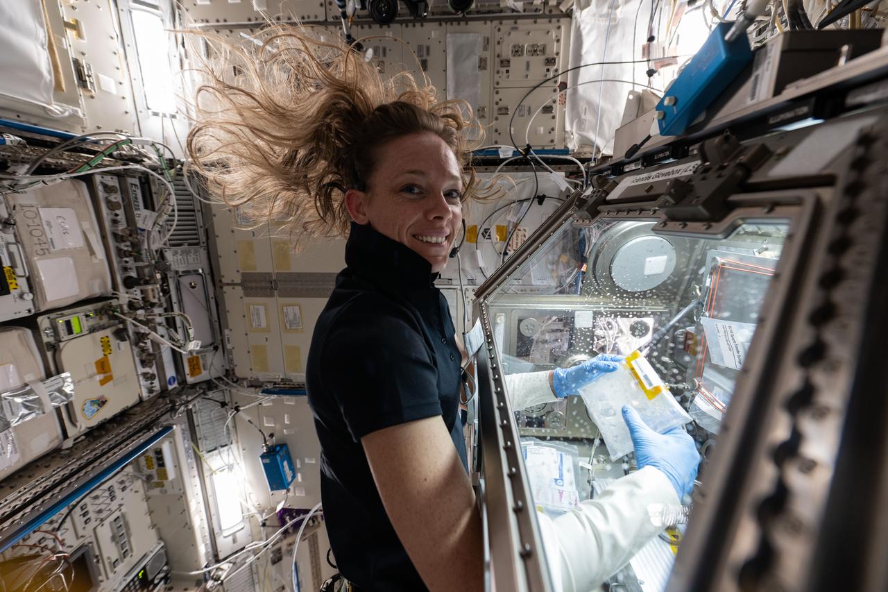 iss073e0025978 (May 9, 2025) --- NASA astronaut and Expedition 73 Flight Engineer Nichole Ayers works in the Kibo laboratory module's Life Sciences Glovebox processing bacteria samples before viewing them inside a 3D imaging microscope called Extant Life Volumetric Imaging System, or ELVIS. The technology demonstration may enable applications for monitoring water quality, detecting infectious organisms on spacecraft, and researching colloids (suspensions of particles in a liquid) and microorganisms in microgravity.