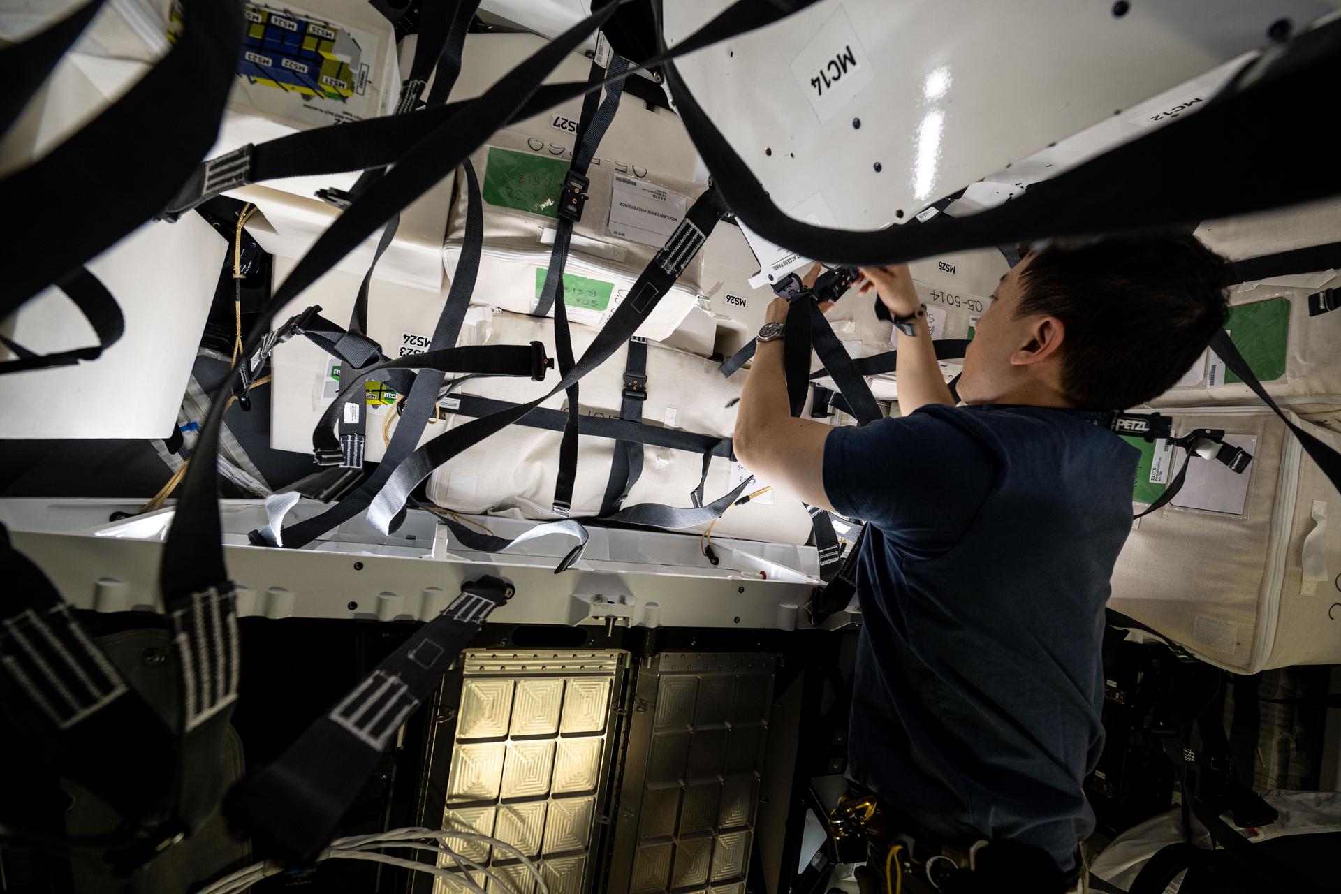 NASA astronaut and Expedition 73 Flight Engineer Jonny Kim works inside the SpaceX Dragon cargo spacecraft readying the vehicle to be packed with completed science experiments, time-critical research samples, and International Space Station hardware before its departure.
