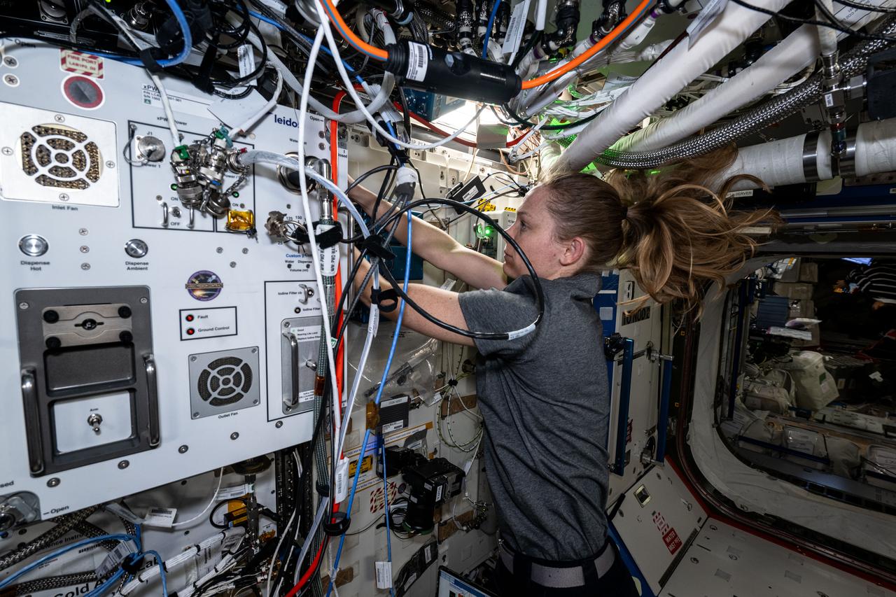 iss073e0071548 (May 16, 2025) --- NASA astronaut and Expedition 73 Flight Engineer Nichole Ayers verifies the functionality and replaces hardware on the Exploration Potable Water Dispenser (xPWD). The xPWD is located in the International Space Station's Destiny laboratory module and is demonstrating advanced water sanitization methods, microbial growth reduction, and a heater to dispense hot water for use aboard the orbital outpost and future spacecraft.