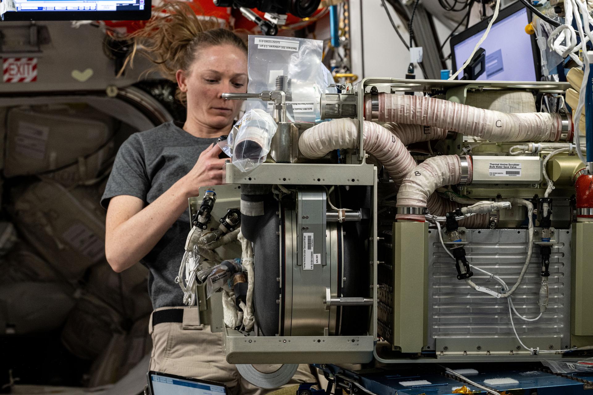 NASA astronaut and Expedition 73 Flight Engineer Nichole Ayers replaces components on an experimental carbon dioxide removal device aboard the International Space Station. Also called the Thermal Amine Scrubber, the advanced life support mechanism is testing a new method that removes carbon dioxide from the station’s atmosphere and recovers water for oxygen generation.