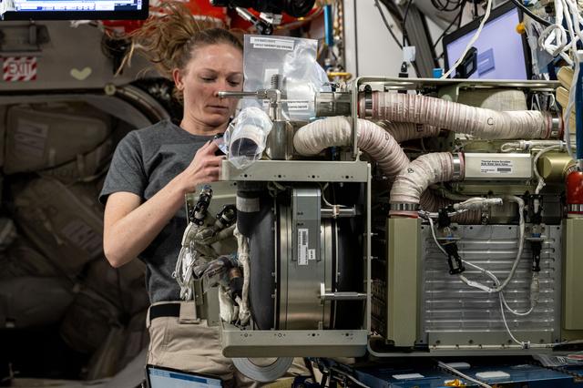 NASA image: Astronaut Nichole Ayers replaces components on an experimental carbon dioxide removal device