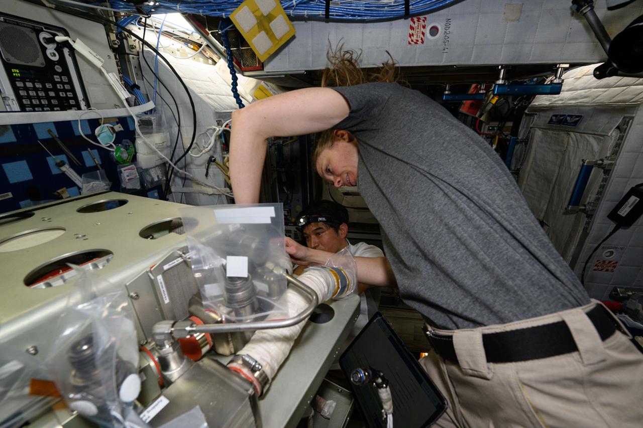 iss073e0118793 (May 27, 2025) --- Astronauts Takuya Onishi of JAXA (Japan Aerospace Exploration Agency) and Nichole Ayers of NASA, Expedition 73 Commander and Flight Engineer respectively, replace components on an experimental carbon dioxide removal device aboard the International Space Station. Also called the Thermal Amine Scrubber, the advanced life support mechanism is testing a new method that removes carbon dioxide from the station’s atmosphere and recovers water for oxygen generation.