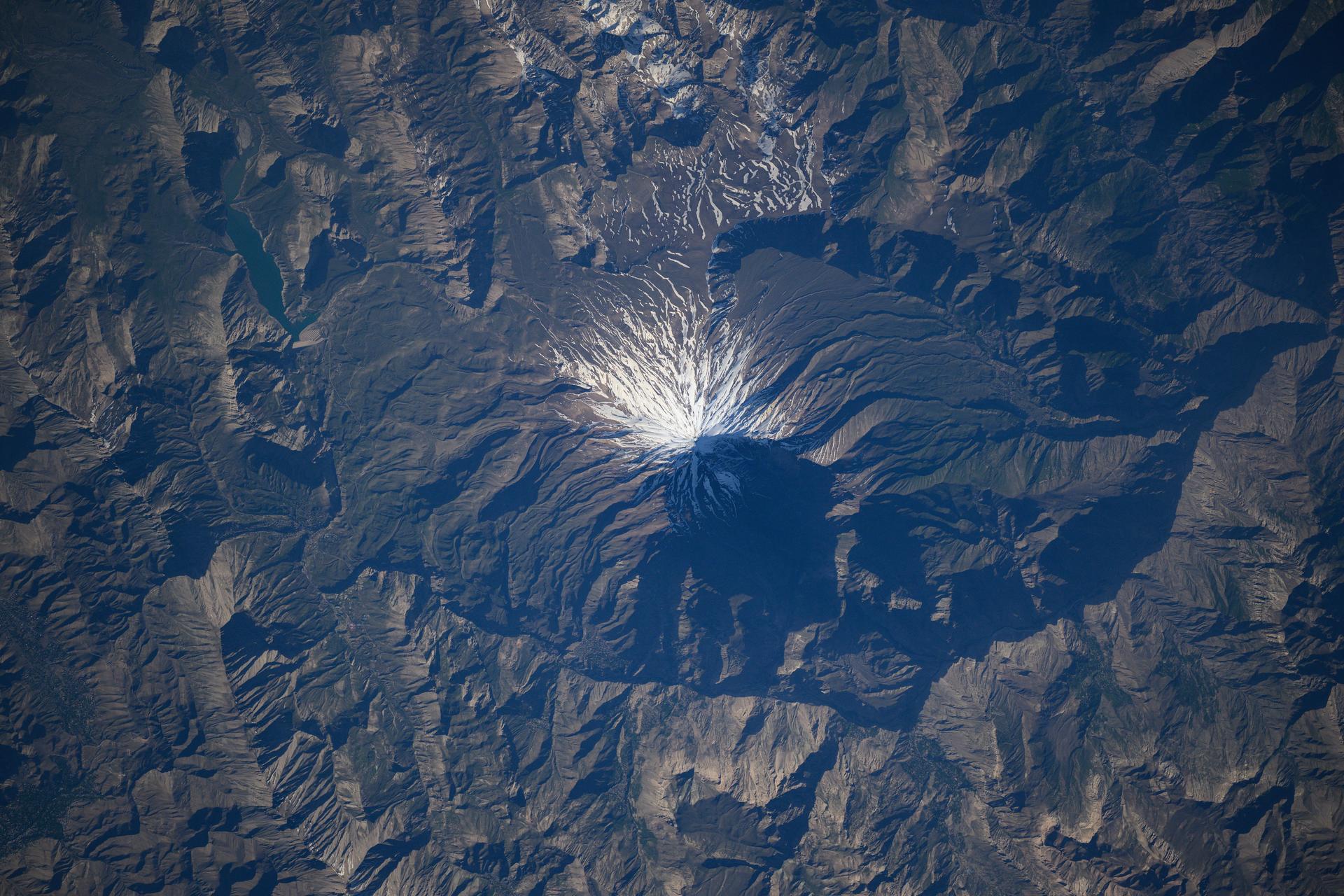 The snow-capped Mount Damavand, a dormant stratovolcano and Iran's highest peak less than 50 miles from the nation's capital of Tehran, is pictiured from the International Space Station as it orbited 261 miles above the Caspian Sea.