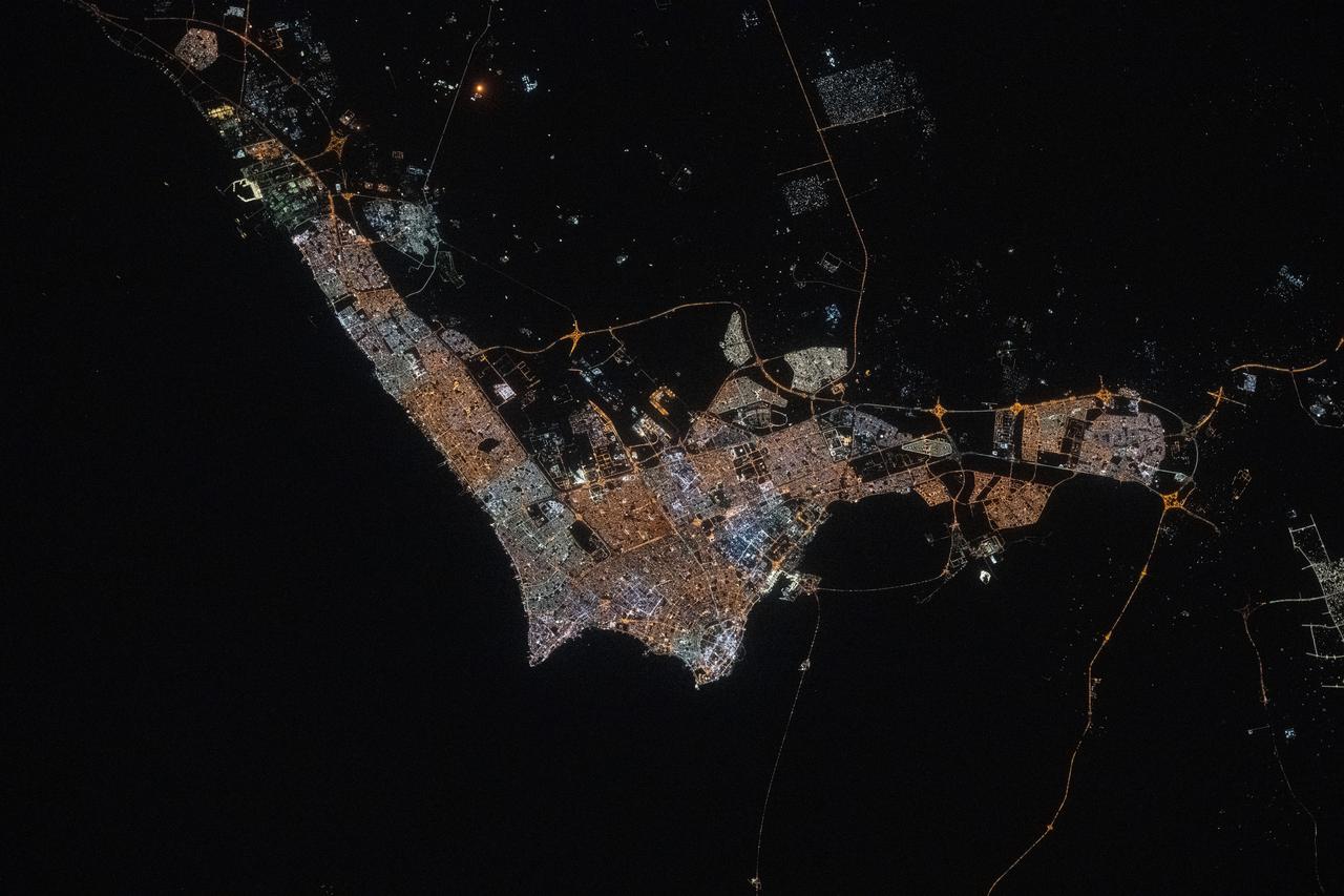 iss073e0134550 (May 22, 2025) --- Kuwait City, with a population of about 3.5 million and where the majority of Kuwait's citizens reside on the Persian Gulf coast, is pictured at approximately 10:42 p.m. local time from the International Space Station as it orbited 259 miles above the Middle East.