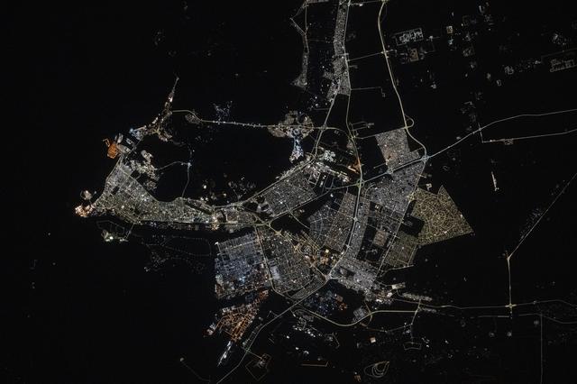 Abu Dhabi, the capital of the United Arab Emirates, pictured at night