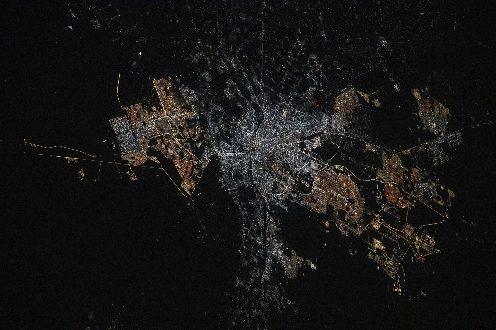 Cairo, Egypt, the Arab nation's largest city with a population of 10.1 million and located near the Nile Delta, and its surrounding suburbs are pictured at approximately 12:16 a.m. local time from the International Space Station as it orbited 259 miles above.